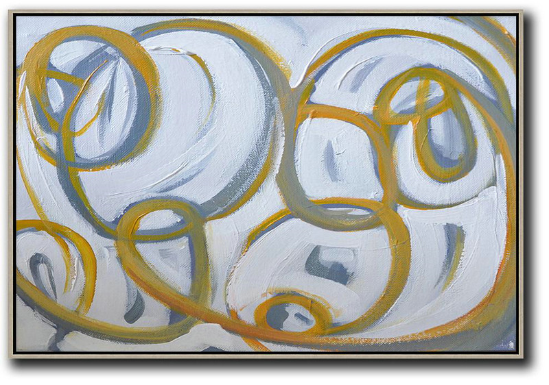 Handmade Painting Large Abstract Art,Horizontal Palette Knife Contemporary Art,Abstract Painting On Canvas,White,Yellow,Grey.etc